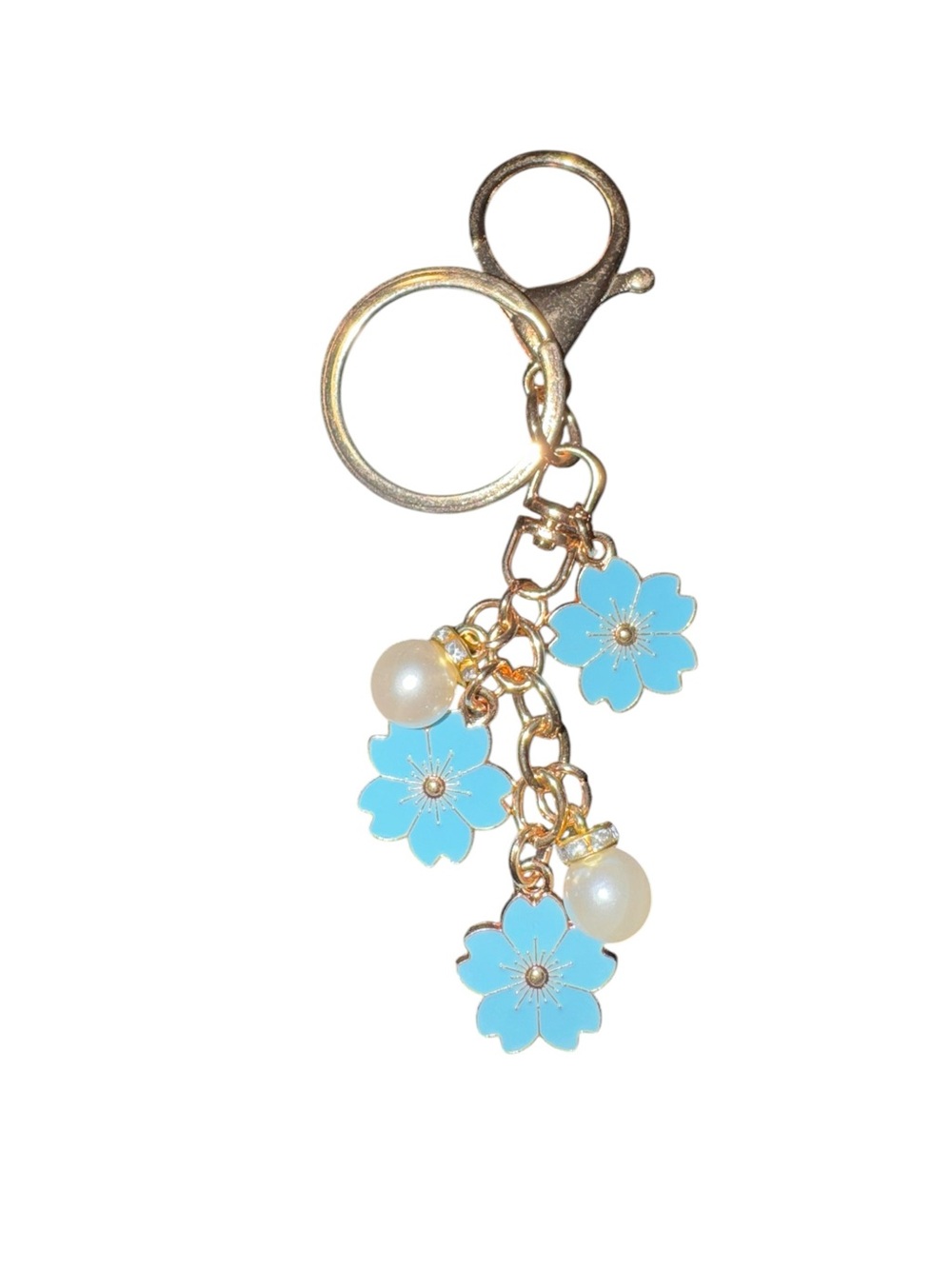 Gold Keychain with Blue Flower Charms and Pearls - Women Accessories